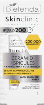 Bielenda Skinclinic serum Ceramid+Spicules, 200 000 biomikroigieł, białe opakowanie, widok z przodu.