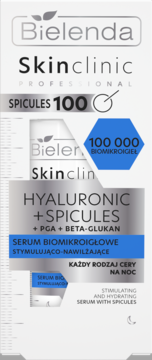 Serum Bielenda Skinclinic Hyaluronic+Spicules, 100 000 biomikroigieł, biało-srebrne opakowanie, przód.