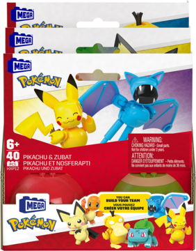 Stos pudełek zestawu Mega Pokémon Pikachu & Zubat. Na pierwszym planie żółty Pikachu, niebieski Zubat, „6+” i ostrzeżenie.
