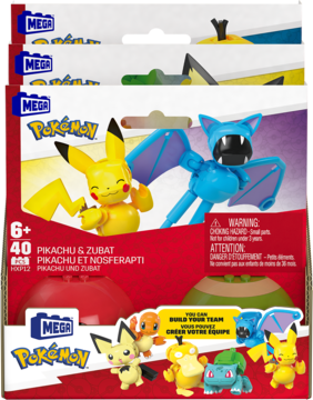 Stos pudełek zestawu Mega Pokémon Pikachu & Zubat. Na pierwszym planie żółty Pikachu, niebieski Zubat, „6+” i ostrzeżenie.