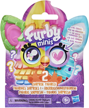 Fioletowe opakowanie Furby Minis z grafiką dwóch kolorowych Furbies i napisem '2 SURPRISE FIGURES', widok przód.