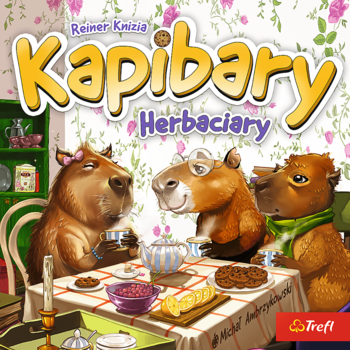 Gra planszowa Kapibary Herbaciary: okładka z kapibarami pijącymi herbatę przy stole, logo Trefl.