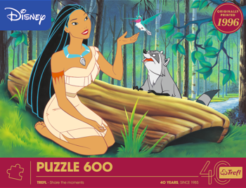 Puzzle Disney Pocahontas 600 elementów. Pocahontas i Meeko w lesie, na czerwonym pudełku Trefl.