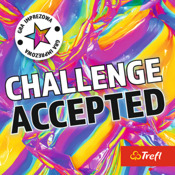 Gra imprezowa Challenge Accepted od Trefl. Okładka z białym tytułem na tle abstrakcyjnych, wielobarwnych kształtów.