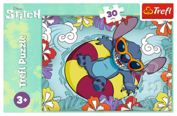 Puzzle Trefl Disney Stitch 30 elementów. Niebieski Stitch w okularach na dmuchanym kole, otoczony falami i kwiatami.