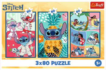 Puzzle Disney Stitch 3x80, Trefl. Trzy kolorowe układanki z bajkowymi postaciami Stitcha dla dzieci 5+.