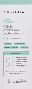 Maska Your Kaya Skin Clarity głęboko oczyszczająca, białe opakowanie z zielonym paskiem, kwas salicylowy i glinka.
