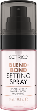 Catrice Blend+Bond Setting Spray 55ml w różowej butelce z czarnym atomizerem, etykieta z napisem "Seamless Finish".