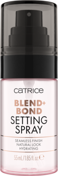 Catrice Blend+Bond Setting Spray 55ml w różowej butelce z czarnym atomizerem, etykieta z napisem "Seamless Finish".