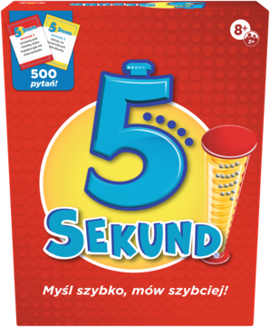 Front czerwonego pudełka gry planszowej 5 Sekund z dużym niebieskim logo, klepsydrą i kartami z pytaniami.