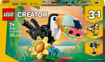 Pudełko LEGO Creator 3w1 31173 Tropical Toucan, z przodu. Czarno-biały tukan z kolorowym dziobem i arbuza na tle dżungli.