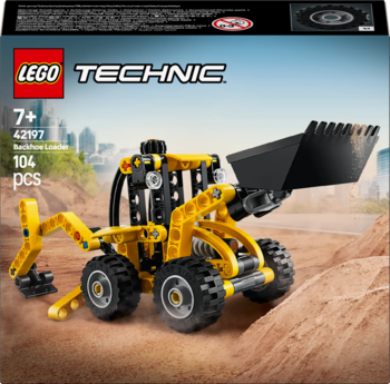 Pudełko LEGO Technic 42197, żółta koparko-ładowarka z 104 elementów, na tle placu budowy, widok frontalny.