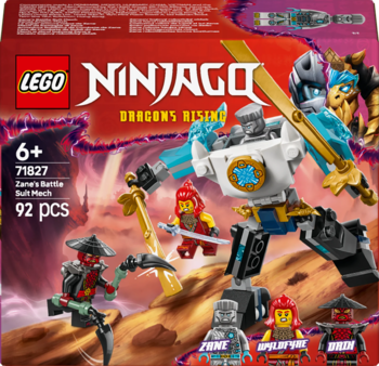 LEGO Ninjago 71827 Zane's Battle Suit Mech, 92 klocki, biały mech z mieczem i figurki. Widok z przodu.