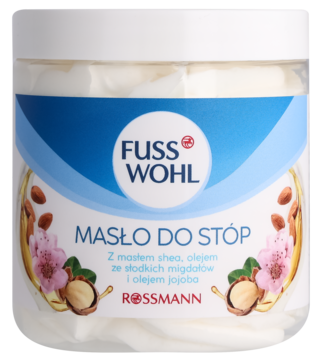 Fusswohl Masło do stóp w białym słoiku z niebieską etykietą, migdały, shea, jojoba. Widok z przodu.