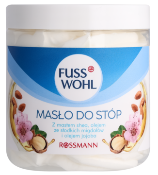 Fusswohl Masło do stóp w białym słoiku z niebieską etykietą, migdały, shea, jojoba. Widok z przodu.