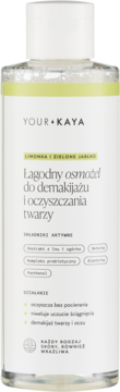 Your Kaya Łagodny Osmocel, płyn micelarny z limonką i zielonym jabłkiem, w przezroczystej butelce, przód.
