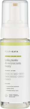 Pianka oczyszczająca YOUR KAYA z cytryną i zielonym jabłkiem, biała butelka z zielonym paskiem, widok z przodu.