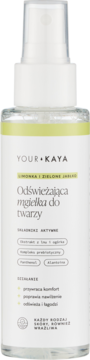 Odświeżająca mgiełka do twarzy Your Kaya Limonka i Zielone Jabłko w przezroczystej butelce sprayu, ujęcie z przodu.