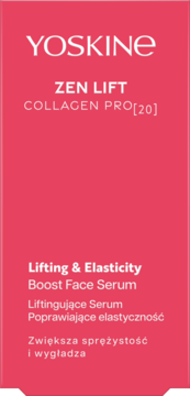 Różowe opakowanie serum YOSKINE ZEN LIFT COLLAGEN PRO[20] Lifting & Elasticity Boost Face Serum, widok z przodu.