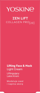Różowe opakowanie Yoskine Zen Lift Collagen Pro[20] Lifting Face & Neck Light Cream, widok z przodu.