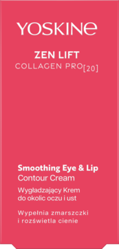 YOSKINE ZEN LIFT COLLAGEN PRO[20] wygładzający krem pod oczy i usta, różowe opakowanie, widok przód.
