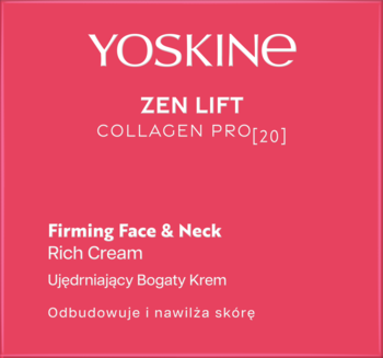 Różowe opakowanie YOSKINE ZEN LIFT COLLAGEN PRO[20] Rich Cream, widok z przodu, białe napisy, ujędrniający krem do twarzy.