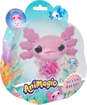 Różowy Animagic Let's Glo Axolotl w przezroczystym opakowaniu z motywem podwodnym. Świecąca zabawka dla dzieci.