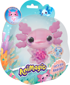Różowy Animagic Let's Glo Axolotl w przezroczystym opakowaniu z motywem podwodnym. Świecąca zabawka dla dzieci.
