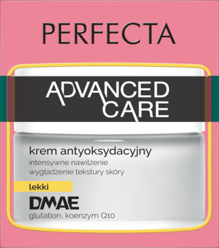 Perfecta Advanced Care krem antyoksydacyjny z DMAE, glutationem, Q10, biały słoik, front na różowym tle.