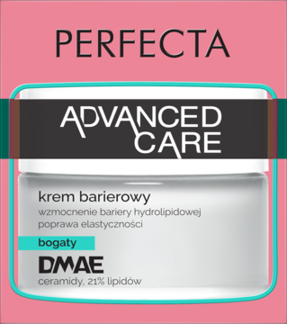 Graphic of a white jar of Perfecta Advanced Care rich barrier cream with DMAE, ceramides and 21% lipids.
