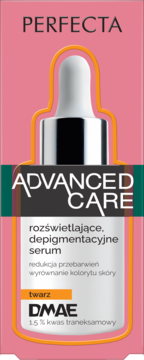 Perfecta Advanced Care serum depigmentacyjne do twarzy z DMAE i kwasem traneksamowym w butelce z kroplomierzem.