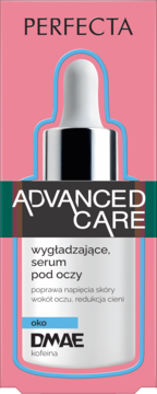 Perfecta Advanced Care wygładzające serum pod oczy z DMAE, kofeiną, w różowym opakowaniu, widok z przodu.