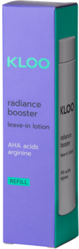 Fioletowe pudełko KLOO radiance booster, lotion złuszczający z AHA i argininą, widok ukośny na refill.
