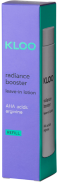 Fioletowe pudełko KLOO radiance booster, lotion złuszczający z AHA i argininą, widok ukośny na refill.