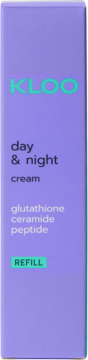 Fioletowe opakowanie KLOO Day & Night Cream Refill, widok z przodu, z glutathionem, ceramidami i peptydami.