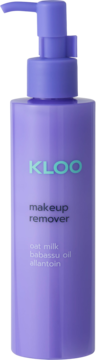 Fioletowa butelka KLOO makeup remover z pompką, widok z przodu. Zawiera mleko owsiane, olej babassu, alantoinę.