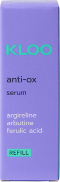 Fioletowy refill KLOO anti-ox serum rozjaśniający z argireliną, arbutyną i kwasem ferulowym.