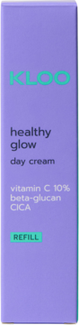 KLOO healthy glow day cream refill, purple packaging with green text, vitamin C 10%, beta-glucan, CICA.