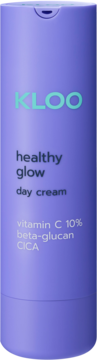 Fioletowa butelka KLOO Healthy Glow Day Cream z witaminą C 10%, beta-glukanem i CICA, widok z przodu.