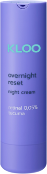 Fioletowa butelka kremu KLOO Overnight Reset Night Cream z 0,05% retinalu i tucumą, widok z przodu.