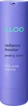 Fioletowy lotion KLOO radiance booster peeling lotion z kwasami AHA i argininą, butelka stoi pionowo.