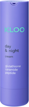 Fioletowy krem KLOO day & night z glutationem, ceramidem i peptydem, widok z przodu opakowania.
