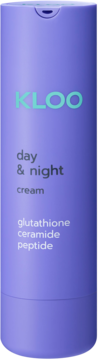 Fioletowy krem KLOO day & night z glutationem, ceramidem i peptydem, widok z przodu opakowania.