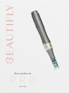Szare, metaliczne urządzenie Beautifly Dermapen RevitaDerm do mezoterapii mikroigłowej, widok z boku.