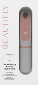 Beautifly Hydraclear PRO, głęboko oczyszczające urządzenie do twarzy, w białym pudełku z różowym tekstem.