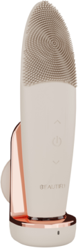 Beige indukcyjna szczoteczka soniczna Beautifly B-Clean PRO z silikonowymi wypustkami, w różowo-złotej bazie. Widok z przodu.