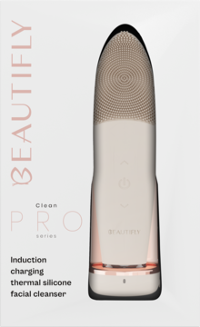 Beautifly B-Clean PRO, beżowa soniczna szczoteczka silikonowa do twarzy z ładowaniem indukcyjnym, widok z przodu.