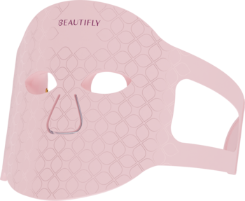 Różowa silikonowa maska LED Beautifly Aura Glam PRO na twarz z wzorem, logo i otworami na oczy/nos.