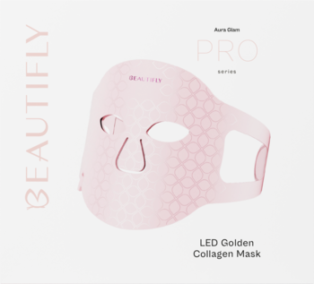 Beautifly Aura Glam PRO LED Golden Collagen Mask, różowa, widok z przodu na pudełku, z wycięciami na oczy.
