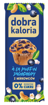 Pionowe opakowanie batona Dobra Kaloria A la Muffin Jagodowy z nerkowców, z muffinką i 0% cukru.